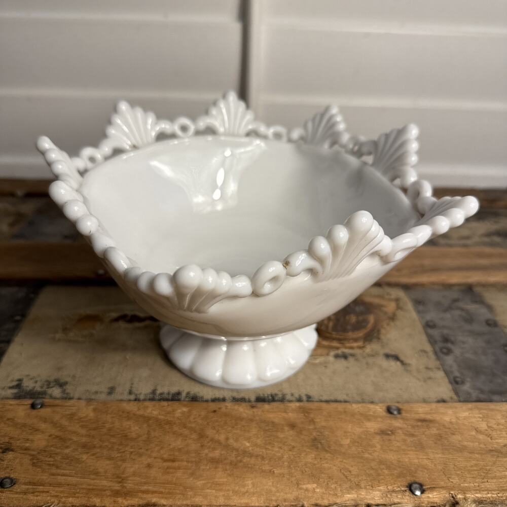 Vintage White Milk Glass Ring and Petal Square 8” Pedestal Bowl